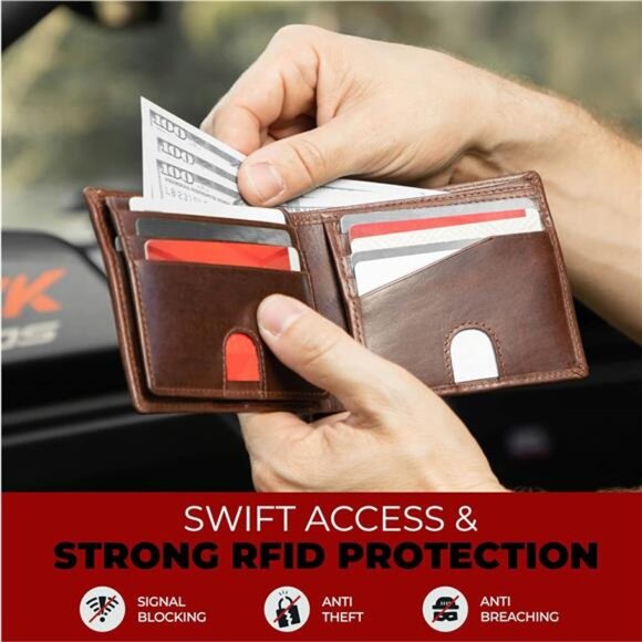 RFID Blocking Bifold Wallet Soft Genuine Leather Brown Western | Secure